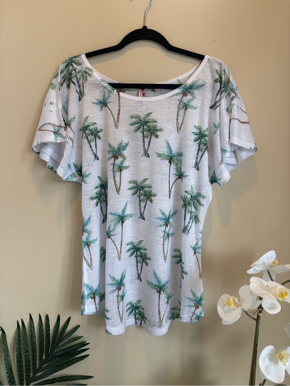 White Palm Tree Short Sleeve Blouse with Rhinestone